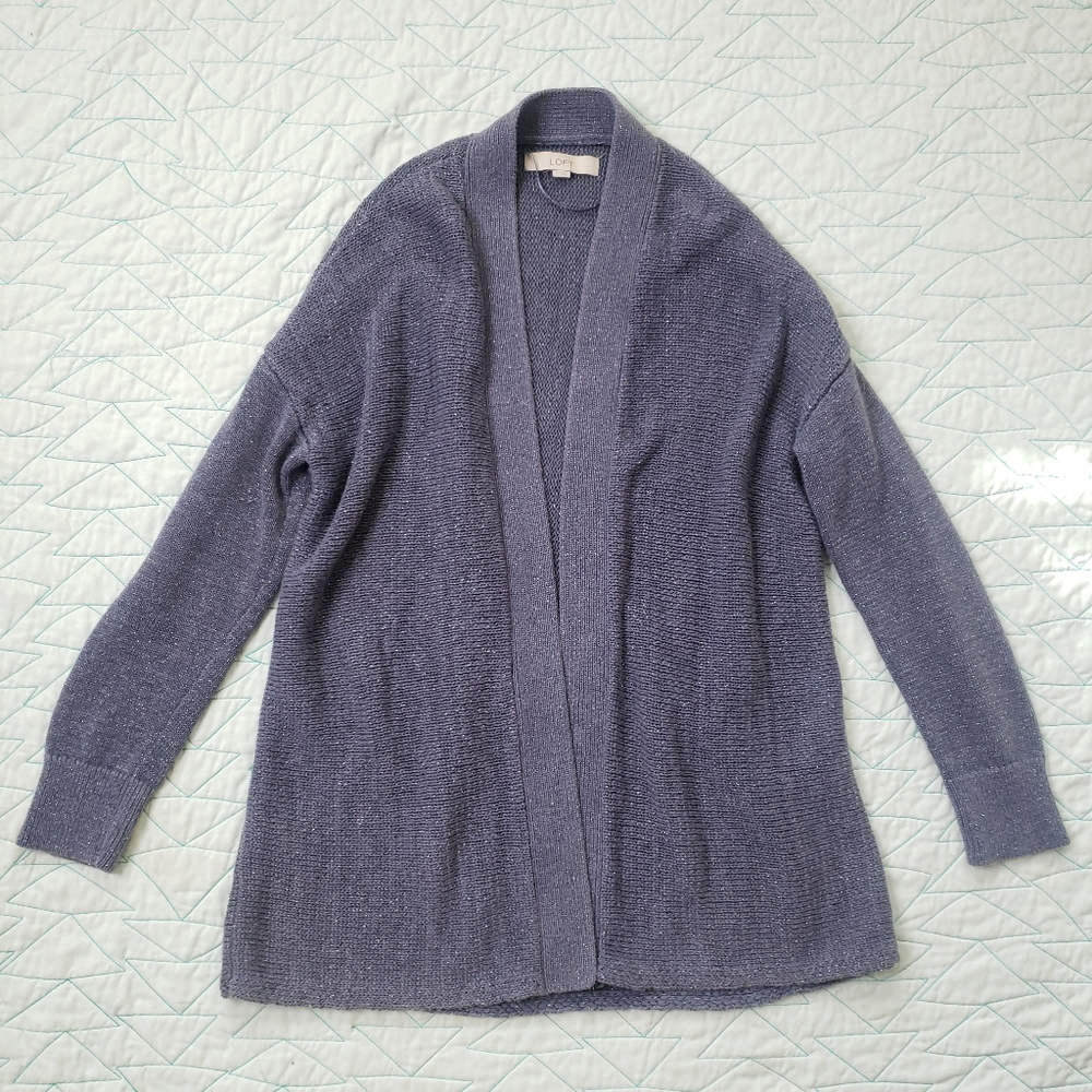 LOFT Blue Gray Silver Metallic Open Front Cardigan Sweater